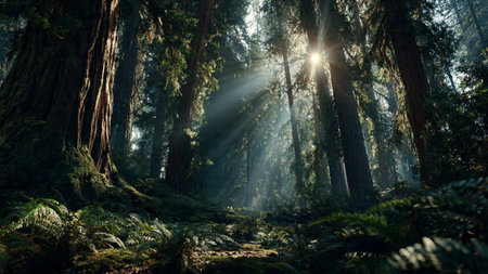 Sun rays shining through trees in Sequoia National Park, California