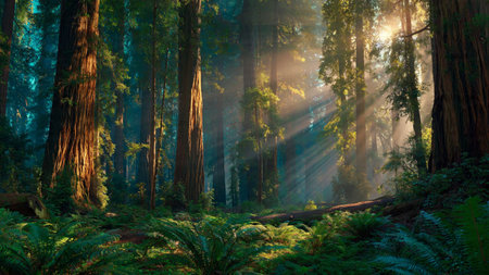 Redwood forest at sunset in California, United States of America.