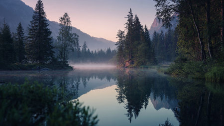Morning mist over the lake in Yosemite National Park, California, USA
