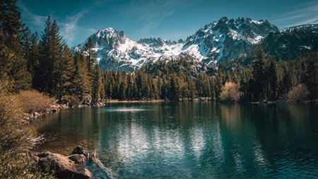 Beautiful alpine lake with snow-capped mountains in background