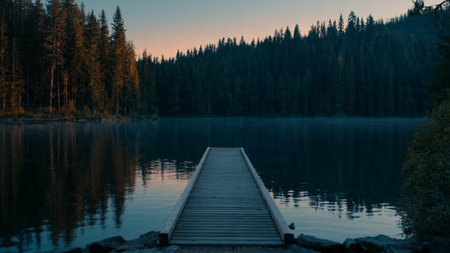 Wooden pier on the lake at sunset in the mountains. Long exposure