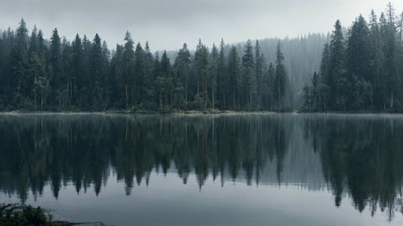 Foggy morning on the lake in the mountains. Concept of calmness and silence