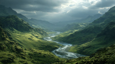 Mountain landscape with a river and a valley under a cloudy sky