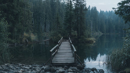 Wooden bridge over a mountain lake in the middle of the forest