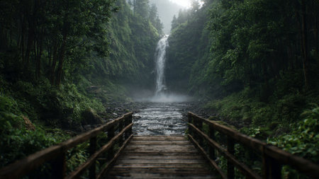 A long wooden bridge over a stream in the middle of a tropical forest
