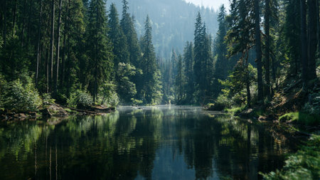 Beautiful mountain lake in the middle of the forest. Summer landscape