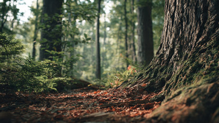 Beautiful autumn forest landscape with mossy tree trunks and fallen leaves.