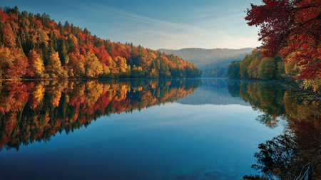 Autumn forest reflected in the lake. Colorful autumn landscape.