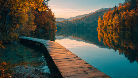 Beautiful autumn landscape. Wooden pier on the lake in the mountains.
