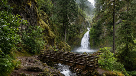 Waterfall in the forest with a wooden walkway in the foreground