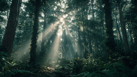 Sun rays shining through the trees in a tropical rainforest with fog