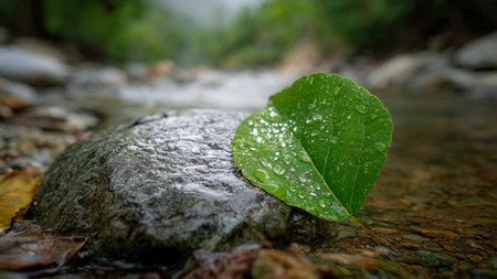 Green leaf with rain drops on the rock in the river, Thailand