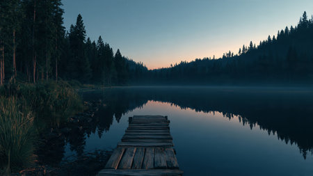Lake in the forest at sunrise with a jetty in the foreground