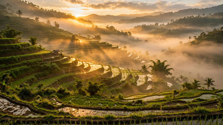 Terraced rice fields at sunset in Bali, Indonesia.