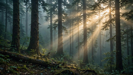 Morning in the coniferous forest with sunbeams and fog