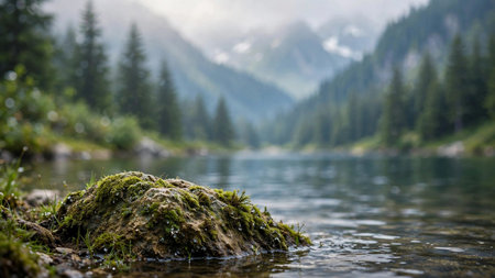 Mountain lake with fog and mist in the background. Mountain landscape.