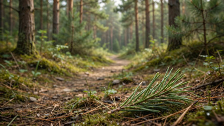 Path in the pine forest with pine trees and moss on the ground