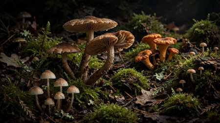 Mushrooms on the forest floor in autumn, close-up