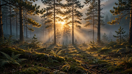 Sunrise in the morning misty forest with sun rays passing through trees