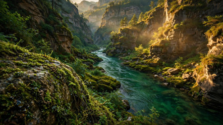 Mountain river flowing through the gorge in the morning. Caucasus, Russia
