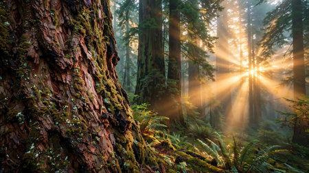 Redwood forest at sunrise. Redwood National Park, California, USA