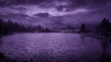 Misty morning at the lake in the mountains, monochrome