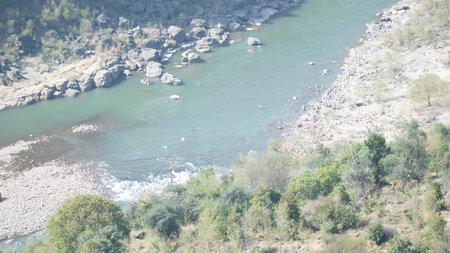 Landscape of the mountain river. View from the observation deck.