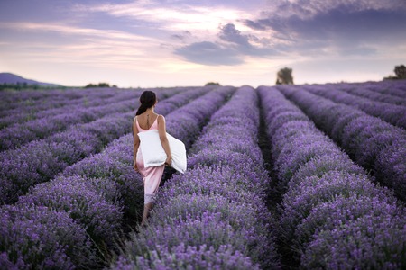 Walking women in the field of lavender.Romantic women in lavender fields. Girl admires the sunset in lavender fields.の写真素材
