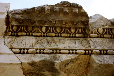 ancient stone from wool with bas-relief  of aphrodite name, Myra, Turkeyの写真素材