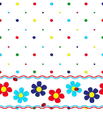 seamless pattern with cartoon flowers, bubbles, ladybugs and wavy lines on white background, vector illustrationのイラスト素材