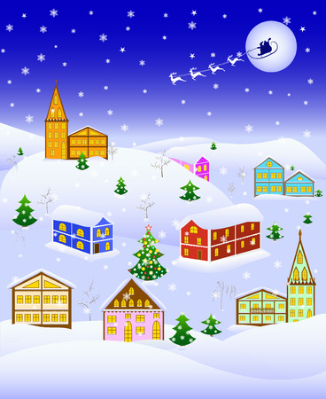 winter village with christmas decoration tree and santa on his reindeers on moon background, vector illustrationのイラスト素材