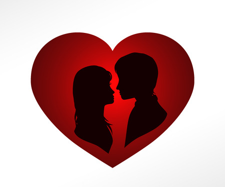 silhouette of amorous couple in red heart, valentines day card, vector illustrationのイラスト素材