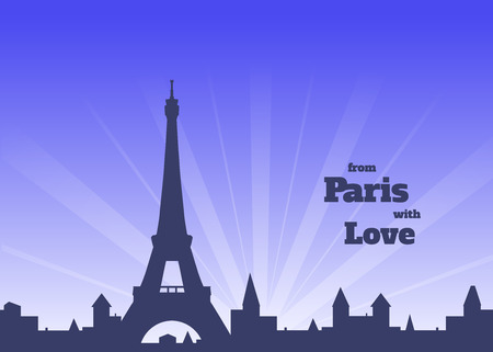 silhouette of Eiffel tower, old town and flock of birds on delicate blue and pink background with inscription,  vector illustrationのイラスト素材