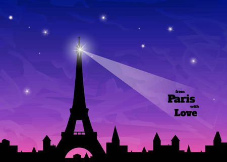 silhouette of Eiffel tower, old town, dark blue and pink sky background, beam to inscription "from Paris with love",  vector illustrationのイラスト素材