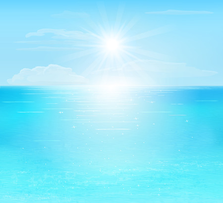 turquoise and blue sea, sun with ray and clouds on blue sky, vector illustrationのイラスト素材