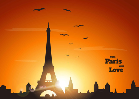 silhouette of Eiffel tower, old town and flock of birds on delicate orange sunset background with inscription "from Paris with love" ,  vector illustrationのイラスト素材
