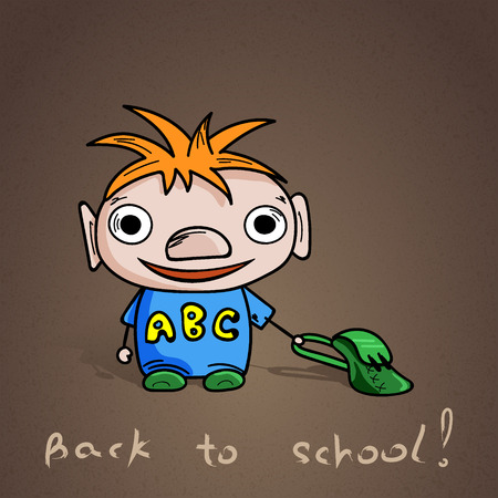 funny cartoon schoolboy with bag in glass, near text "back to school", white background, vector illustrationのイラスト素材