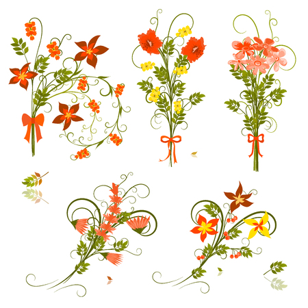 set of abstract colorful flower's bouquets with bows, vector illustrationのイラスト素材