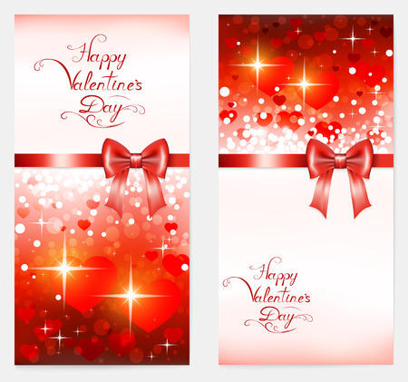 two bright vertical valentine with hearts, red bow, lettering and place for your text , vector illustrationのイラスト素材