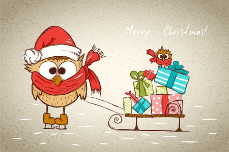 childish joy christmas card, funny bird skating sled with many gift boxes and little joy bird, vector illustrationのイラスト素材