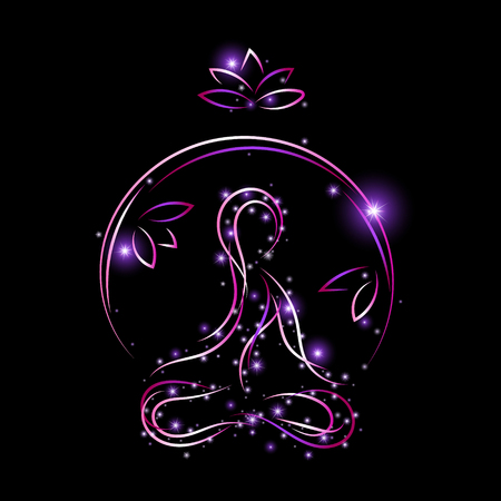 glowing outline of woman in yoga pose and lotus on black background, vector illustrationのイラスト素材