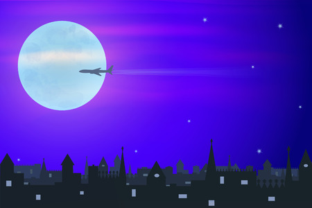 plane on the big moon background flying over the old town, illustrationのイラスト素材