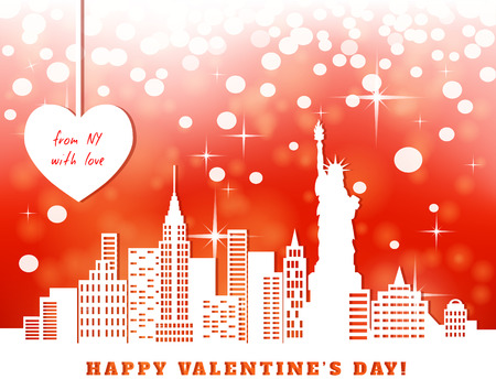 valentine greeting card, New York, downtown, statue of liberty; red bright luminous background,  heart hanging on tapes, cut paper,  illustrationのイラスト素材