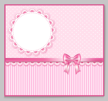 pink greeting card with bow, lace, place for your text on polka and strip background, vector illustrationのイラスト素材
