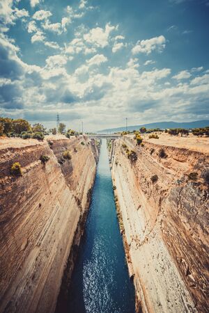 Corinth Canal, tidal waterway across the Isthmus of Corinth in Greeceの写真素材