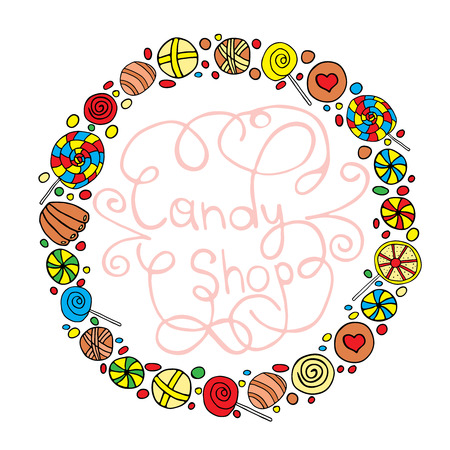 Bright frame of caramels, candies and chocolates. Vector illustration drawn by hand. To decorate the cards, websites and other design ideasのイラスト素材