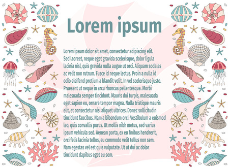 Wonderful vector frame of seashells, starfish and seahorses. Set painted by hand. To use postcards, greetings, and other creative products.のイラスト素材