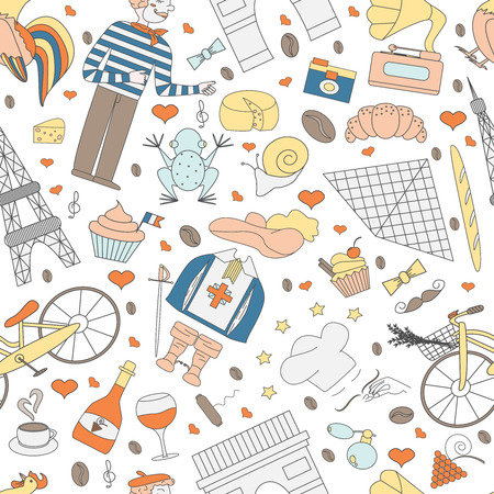 A seamless pattern of thematic elements of France, such as  the Musketeers, a rooster, a baguette, croissant, cook, and more. Vector illustration of Paris's attractions. Figure in style hand-drawing.のイラスト素材