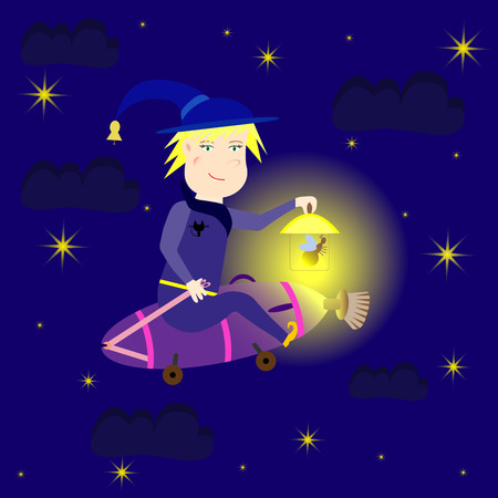 Witch flying at night on the vacuum cleaner, vector illustrationのイラスト素材