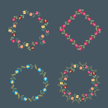 Set of vintage floral elements. Wreaths of tulips and leaves for invitations, design and decor.のイラスト素材